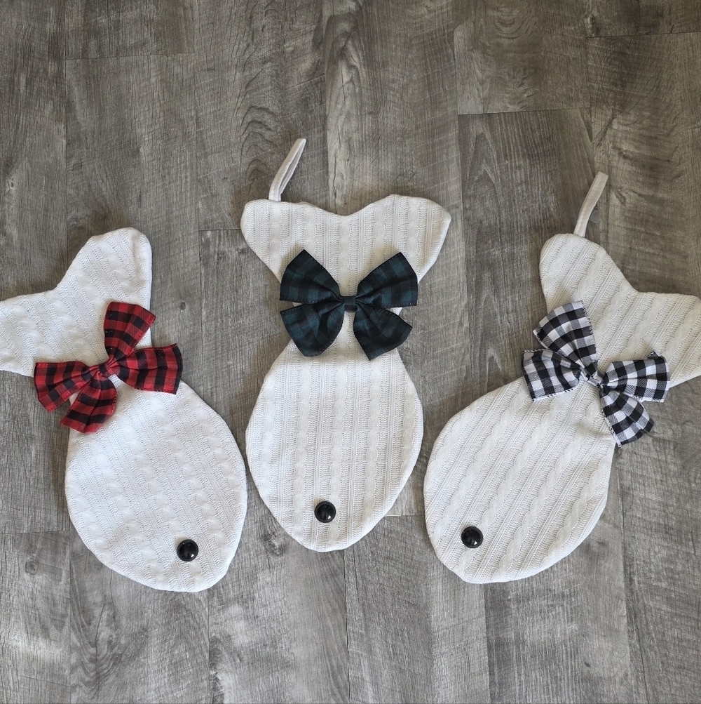 White Fish Christmas Stockings with Plaid Bows